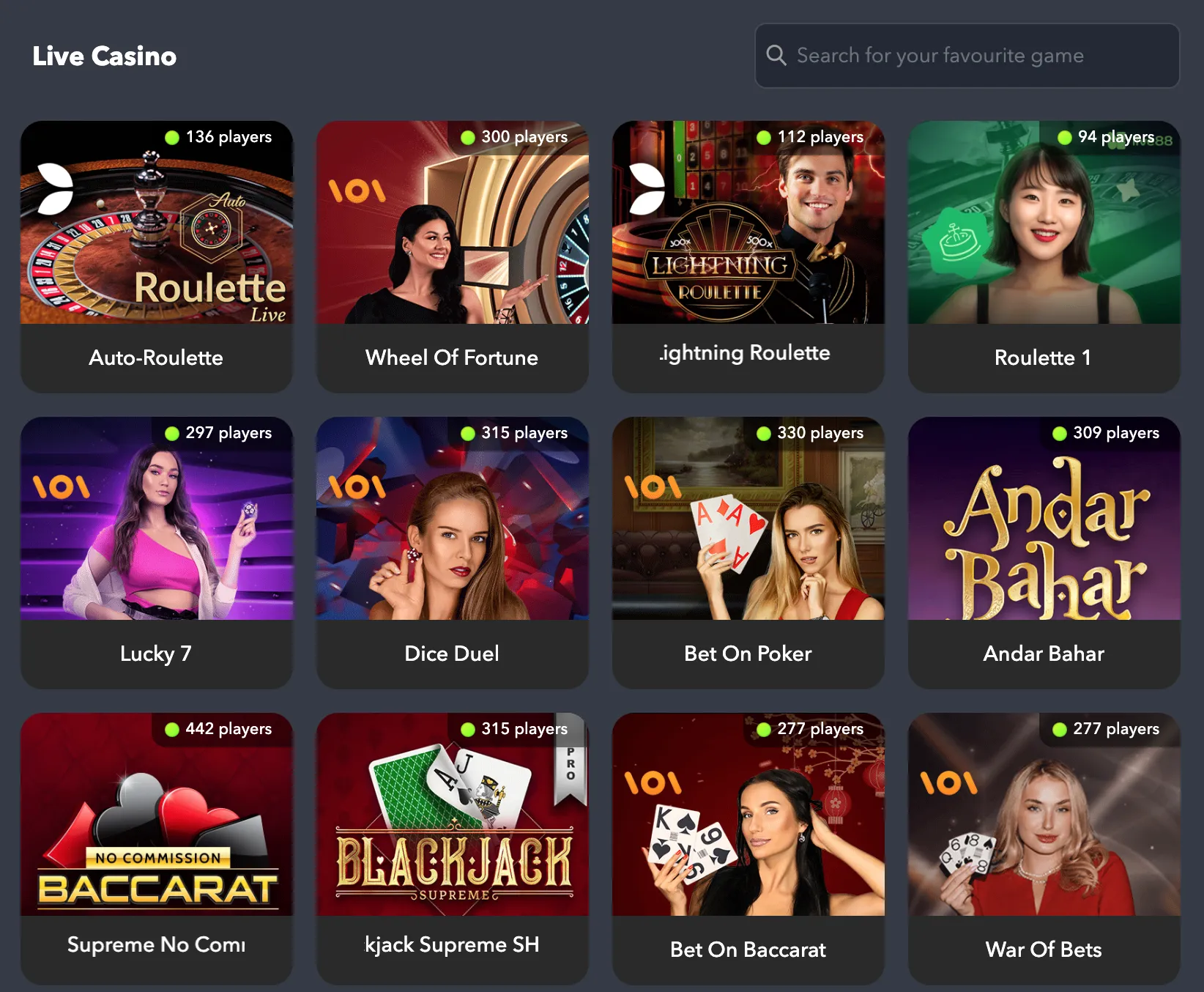 An array of live casino game offerings available at Sportybetgame Ghana