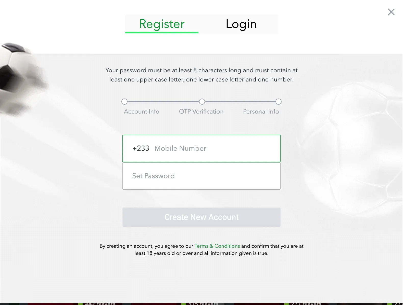 Visual guide to the Sportybetgame Ghana account creation screen